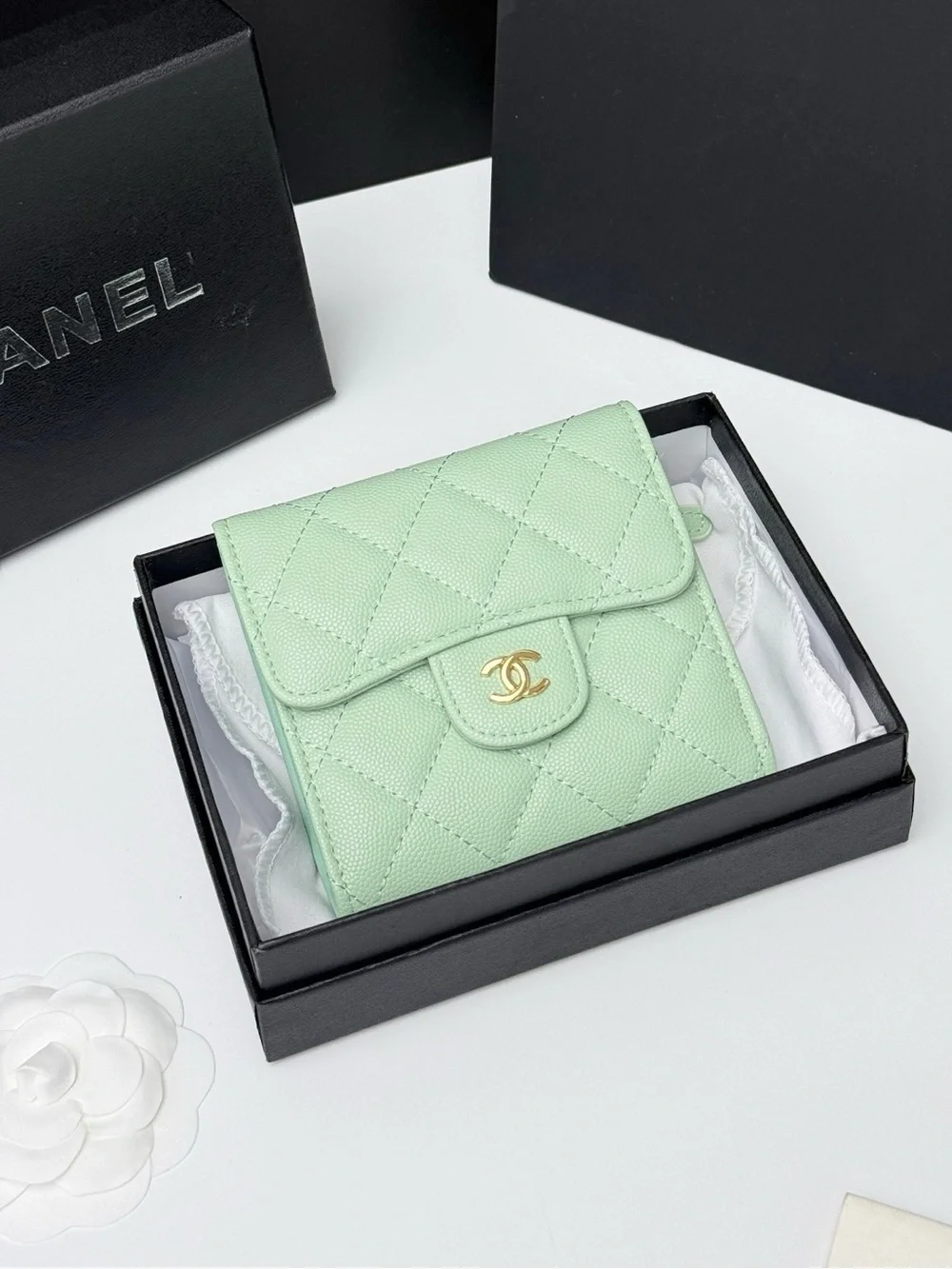CHANEL Mint Quilted Caviar Leather Wallet with Gold CC